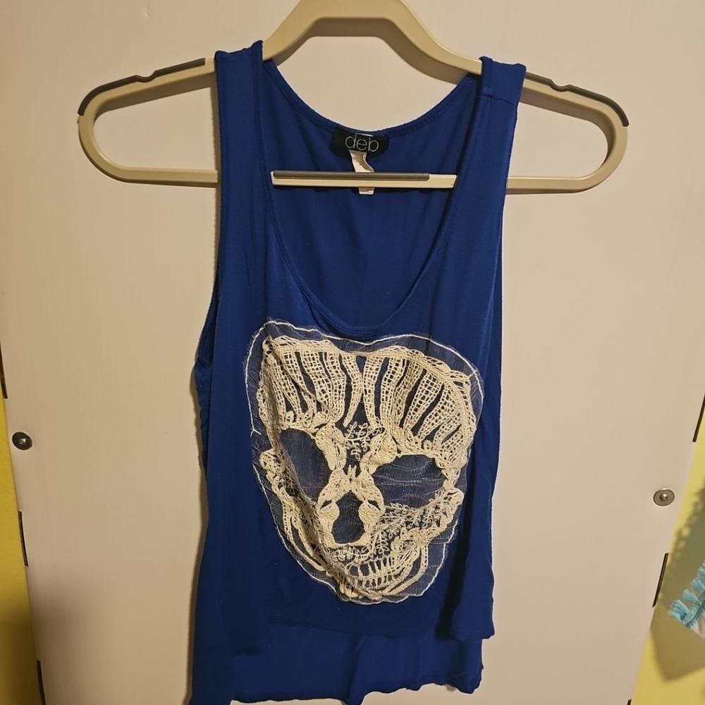 Women's Size Medium deb Blue Tank Top Crochet Lace Skull Design